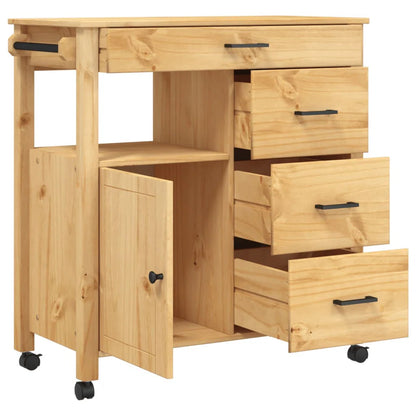 Kitchen Island Table: Vintage Pine Wood Kitchen Trolley with 4 Drawers & Door, Wheeled Storage Cart