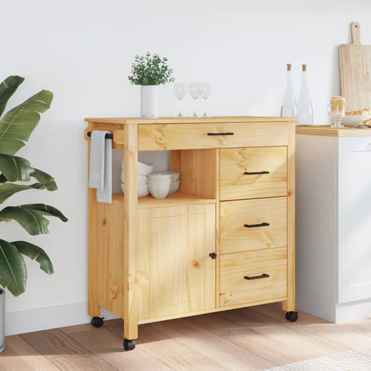 Kitchen Island Table: Vintage Pine Wood Kitchen Trolley with 4 Drawers & Door, Wheeled Storage Cart
