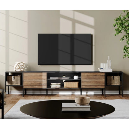 tv panel: 100" wide storage credenza featuring sleek design and ample hidden compartments