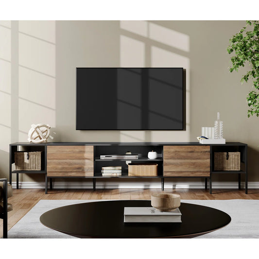 tv panel: 100" wide storage credenza featuring sleek design and ample hidden compartments