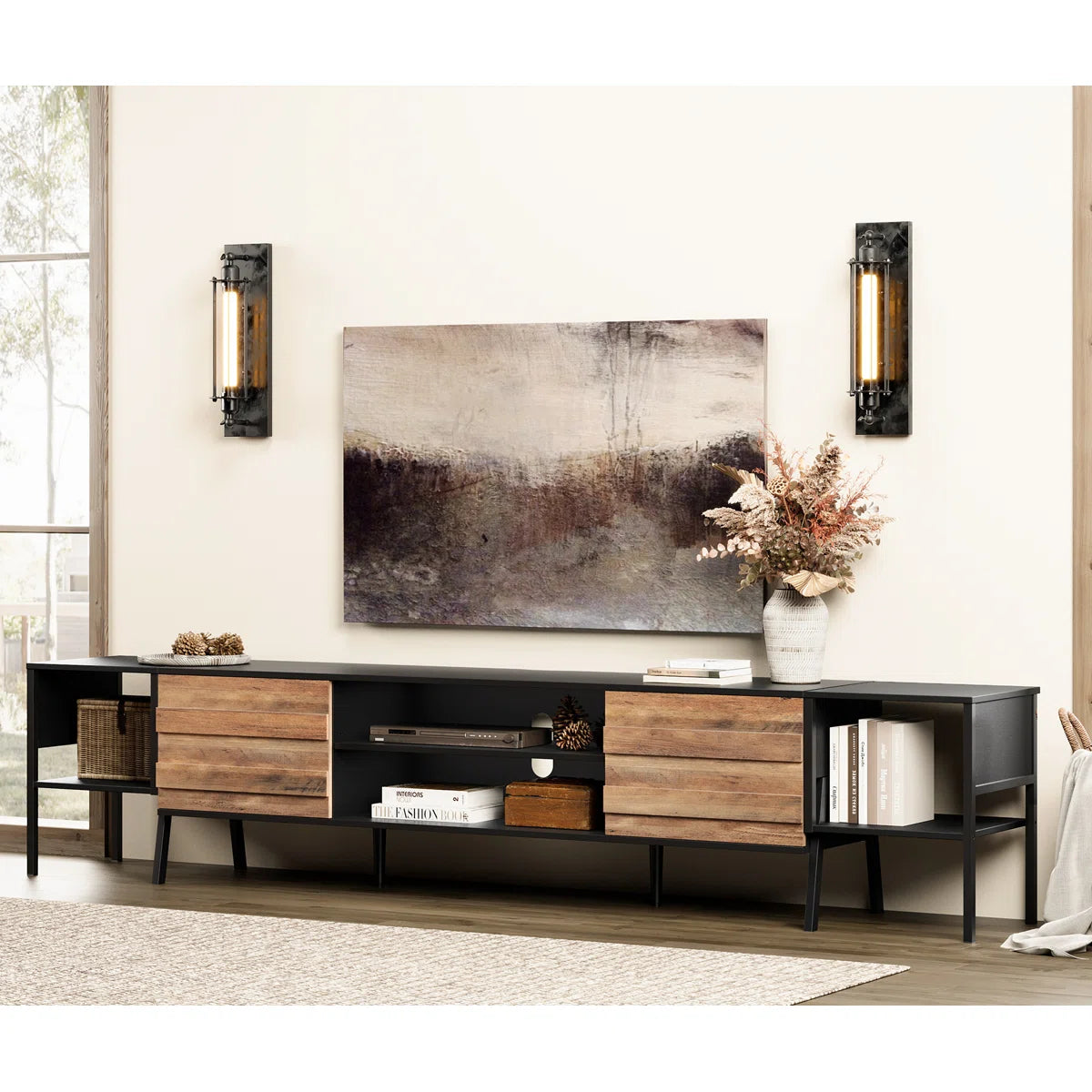 tv panel: 100" wide storage credenza featuring sleek design and ample hidden compartments