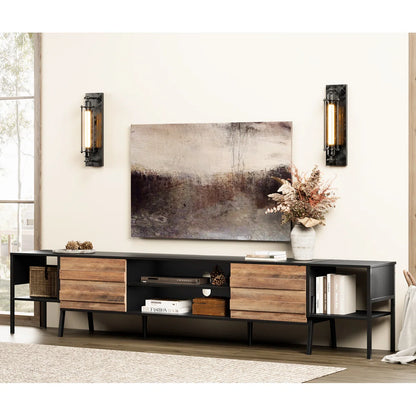 tv panel: 100" wide storage credenza featuring sleek design and ample hidden compartments