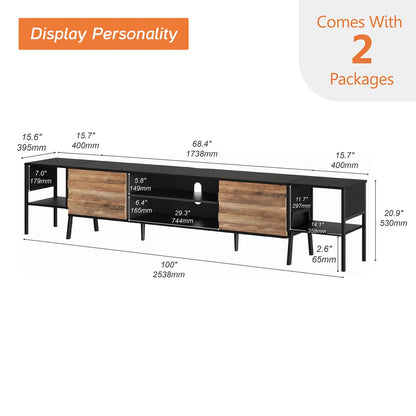 tv panel: 100" wide storage credenza featuring sleek design and ample hidden compartments