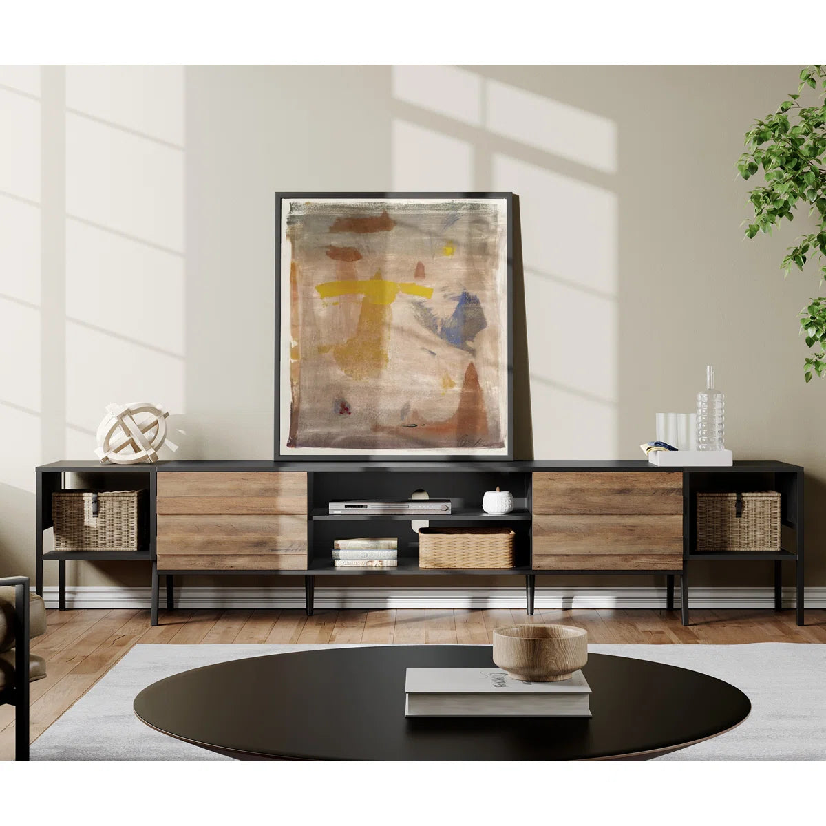 tv panel: 100" wide storage credenza featuring sleek design and ample hidden compartments