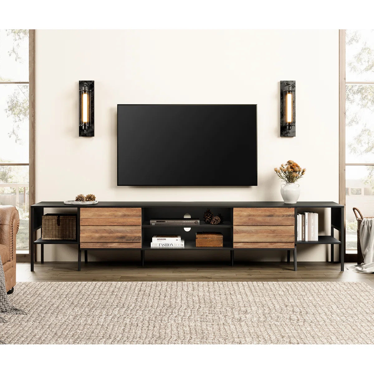 tv panel: 100" wide storage credenza featuring sleek design and ample hidden compartments