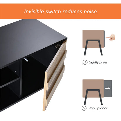 tv panel: 100" wide storage credenza featuring sleek design and ample hidden compartments