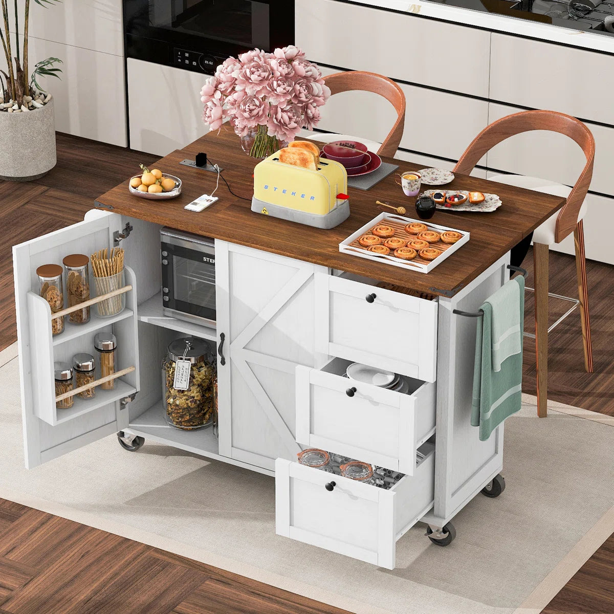 Kitchen Island Table with Drop Leaf, Charging Station & Ample Storage – White Finish