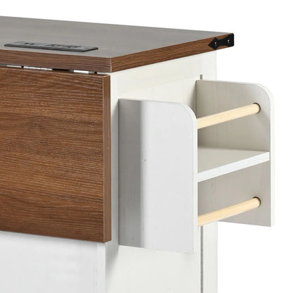 Kitchen Island Table with Drop Leaf, Charging Station & Ample Storage – White Finish