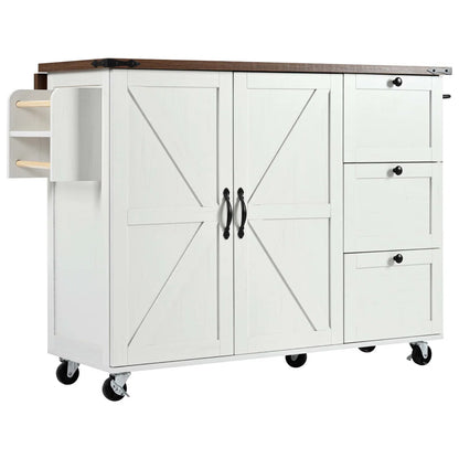 Kitchen Island Table with Drop Leaf, Charging Station & Ample Storage – White Finish