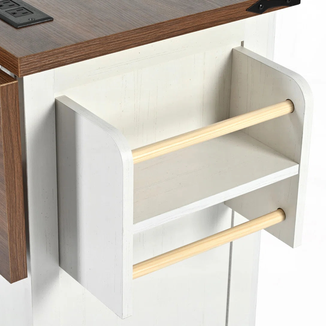 Kitchen Island Table with Drop Leaf, Charging Station & Ample Storage – White Finish