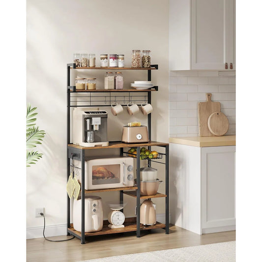 Kitchen Rack: Baker's Rack with Power Outlet, Microwave Stand, 4 AC Outlets, with 8 S-Hooks, and Adjustable Shelves