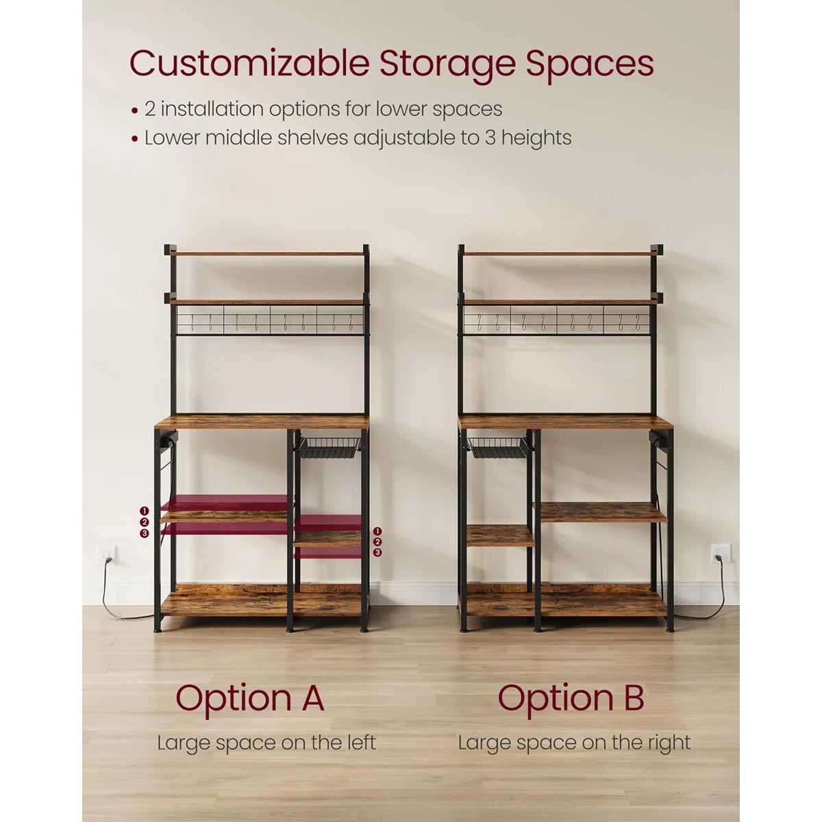 Kitchen Rack: Baker's Rack with Power Outlet, Microwave Stand, 4 AC Outlets, with 8 S-Hooks, and Adjustable Shelves