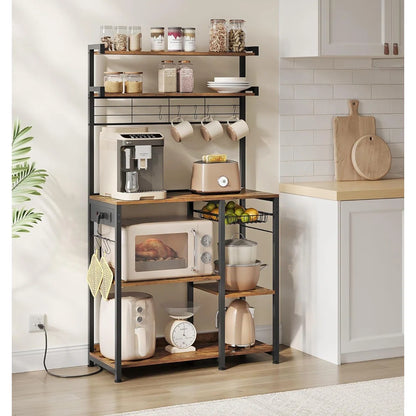 Kitchen Rack: Baker's Rack with Power Outlet, Microwave Stand, 4 AC Outlets, with 8 S-Hooks, and Adjustable Shelves