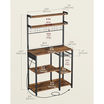Kitchen Rack: Baker's Rack with Power Outlet, Microwave Stand, 4 AC Outlets, with 8 S-Hooks, and Adjustable Shelves
