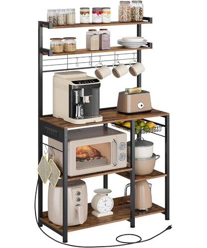 Kitchen Rack: Baker's Rack with Power Outlet, Microwave Stand, 4 AC Outlets, with 8 S-Hooks, and Adjustable Shelves