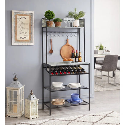 Kitchen Racks: 15" Kitchen with Hooks and Shelves for Storage, Coffee Bar Station with Wine Rack Holder, and Microwave Stand