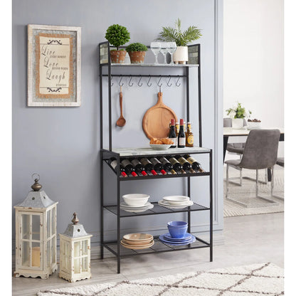 Kitchen Racks: 15" Kitchen Baker's Rack with Hooks and Shelves for Storage, Microwave Stand Coffee Bar Station with Wine Rack Holder