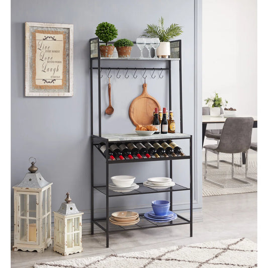Kitchen Racks: 15" Kitchen Baker's Rack with Hooks and Shelves for Storage, Microwave Stand Coffee Bar Station with Wine Rack Holder