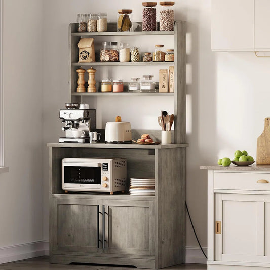 Kitchen Rack: Bakers Rack Cabinet with Power Outlet, Bakers Rack with Thickened Counter, and Microwave Stand
