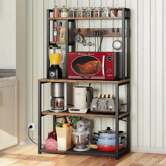 Kitchen Racks: Kitchen storage rack with 5 tiers, power outlets, microwave compatibility, and durable frame