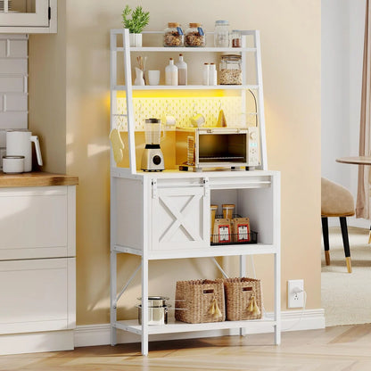 Kitchen Racks: Functional kitchen rack with power outlet, LED lights, sliding barn door, adjustable shelving