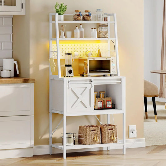 Kitchen Racks: Functional kitchen rack with power outlet, LED lights, sliding barn door, adjustable shelving