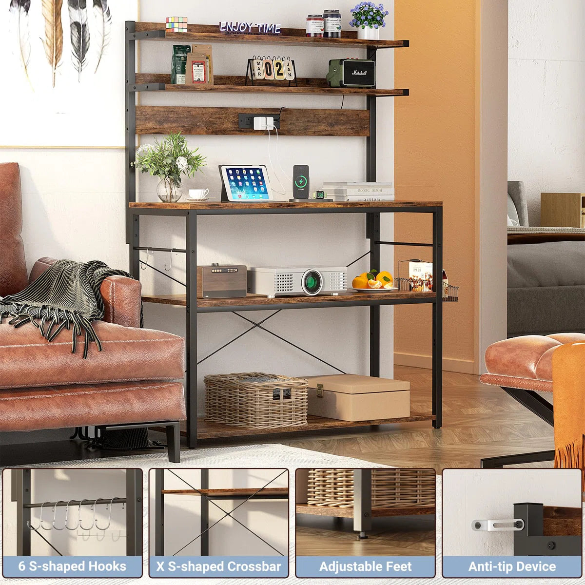 Kitchen Racks: 5 Tiers Coffee Bar Station With Led Lights, Kitchen Rack With Power Outlet, Microwave Stand