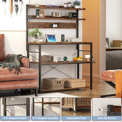 Kitchen Racks: 5 Tiers Coffee Bar Station With Led Lights, Kitchen Rack With Power Outlet, Microwave Stand