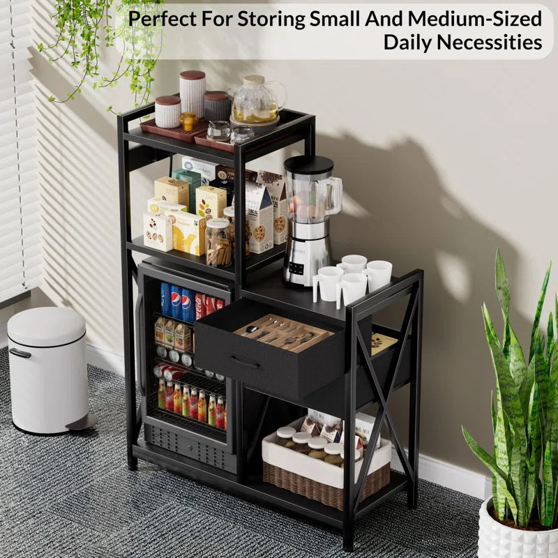 Kitchen Racks: Power outlet-equipped baker's rack, refrigerator stand with shelves and drawers for storage