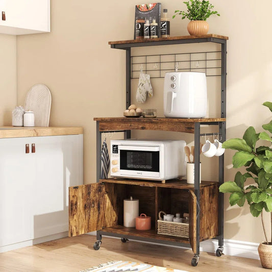 Kitchen Racks: Rolling coffee bar shelf, kitchen microwave stand on wheels, and baker's racks with cabinet