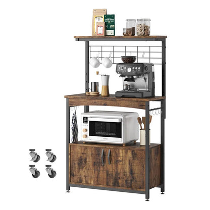 Kitchen Racks: Rolling coffee bar shelf, kitchen microwave stand on wheels, and baker's racks with cabinet