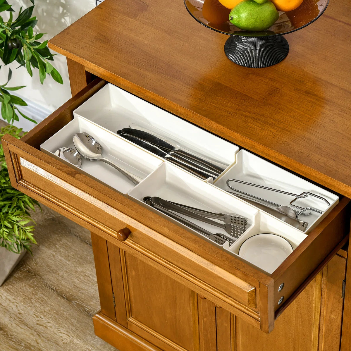 Kitchen Island Table: 36.25" Wide Brown Kitchen Cart with Rubberwood Top, Drawer & Cabinet