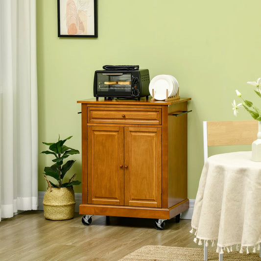 Kitchen Island Table: 36.25" Wide Brown Kitchen Cart with Rubberwood Top, Drawer & Cabinet