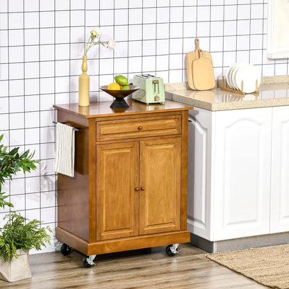Kitchen Island Table: 36.25" Wide Brown Kitchen Cart with Rubberwood Top, Drawer & Cabinet