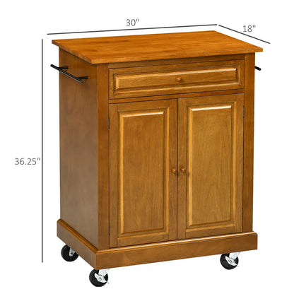 Kitchen Island Table: 36.25" Wide Brown Kitchen Cart with Rubberwood Top, Drawer & Cabinet