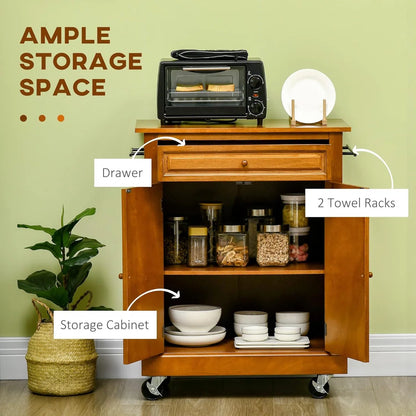 Kitchen Island Table: 36.25" Wide Brown Kitchen Cart with Rubberwood Top, Drawer & Cabinet
