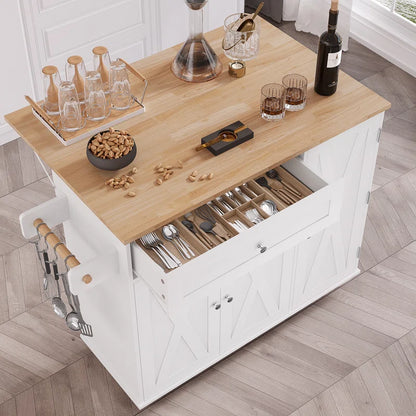 Kitchen Island Table – 47.6" Wide Farmhouse Rolling Cart with Drop Leaf, Cabinets & Towel Rack