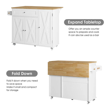 Kitchen Island Table – 47.6" Wide Farmhouse Rolling Cart with Drop Leaf, Cabinets & Towel Rack