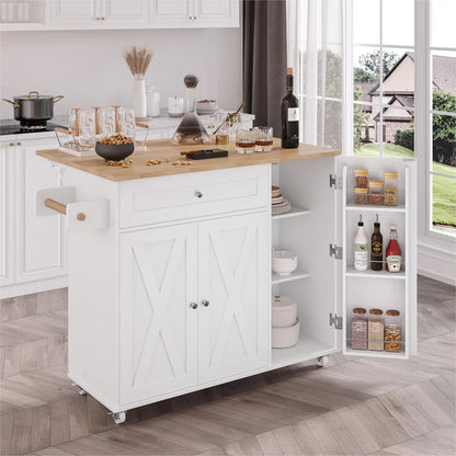 Kitchen Island Table – 47.6" Wide Farmhouse Rolling Cart with Drop Leaf, Cabinets & Towel Rack