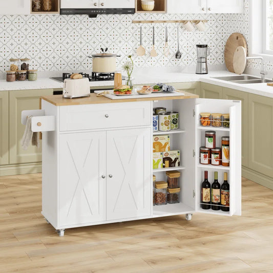 Kitchen Island Table – 47.6" Wide Farmhouse Rolling Cart with Drop Leaf, Cabinets & Towel Rack
