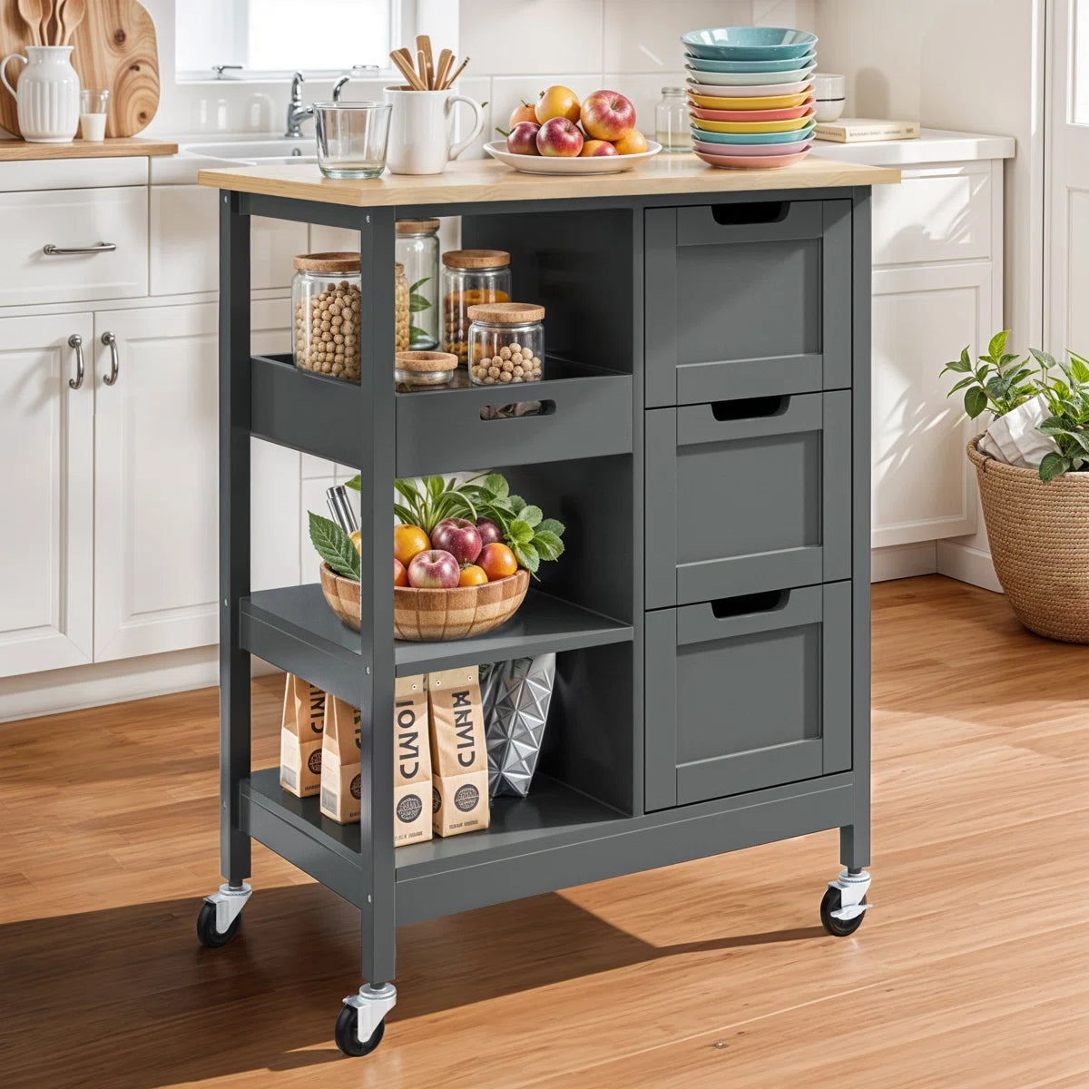 Kitchen Island Table: 27" Wide Portable Kitchen Cart with Drawers, Shelves &amp; Locking Wheels
