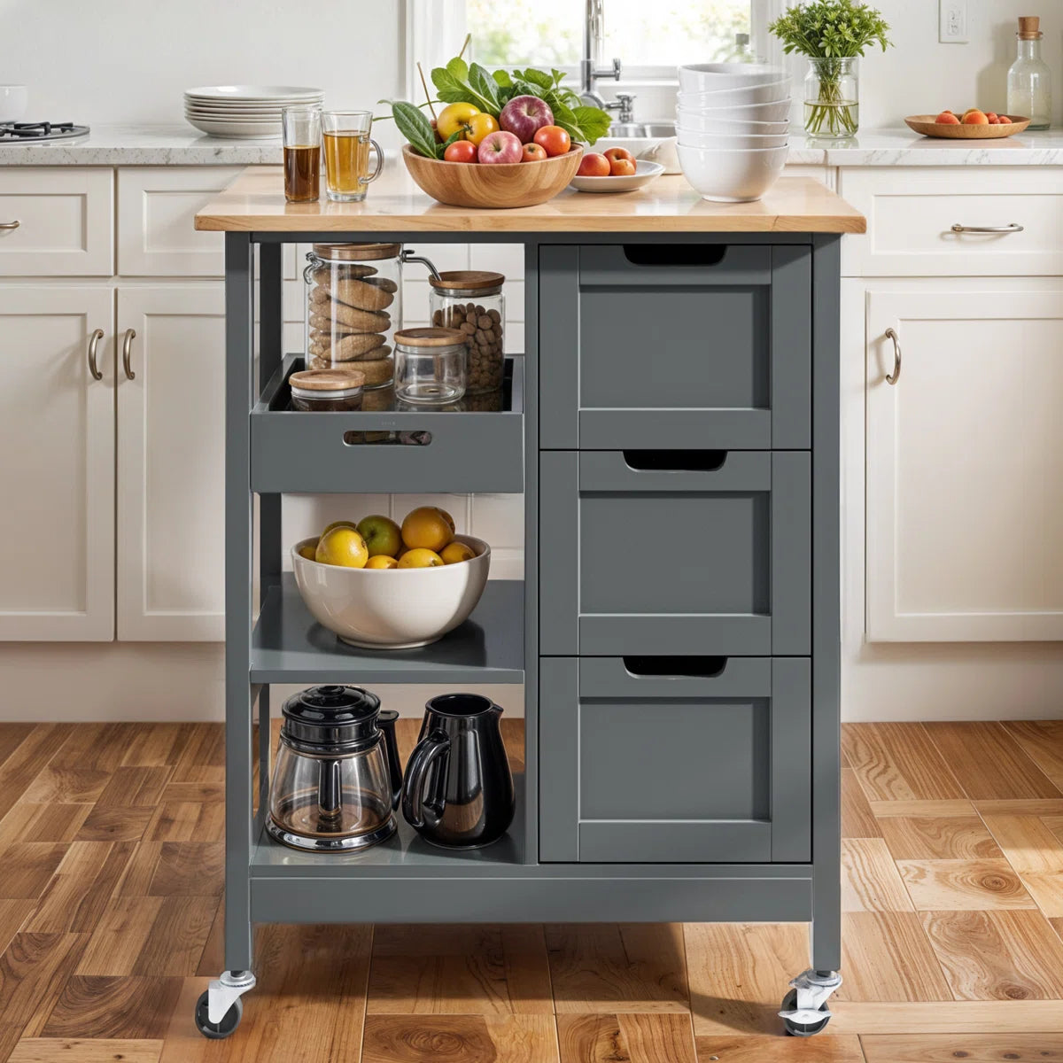 Kitchen Island Table: 27" Wide Portable Kitchen Cart with Drawers, Shelves &amp; Locking Wheels