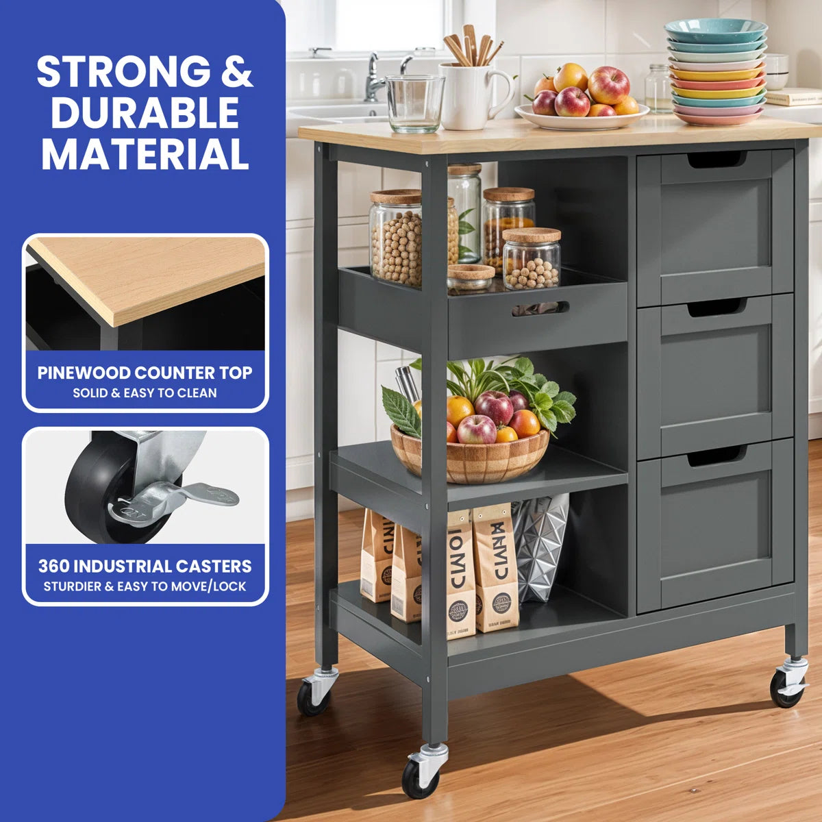 Kitchen Island Table: 27" Wide Portable Kitchen Cart with Drawers, Shelves &amp; Locking Wheels