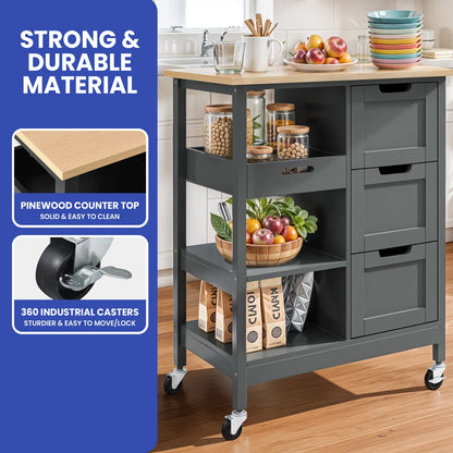 Kitchen Island Table: 27" Wide Portable Kitchen Cart with Drawers, Shelves &amp; Locking Wheels