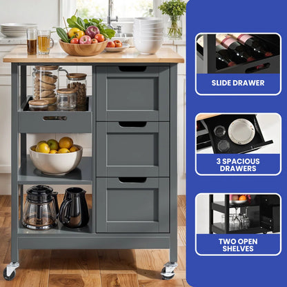 Kitchen Island Table: 27" Wide Portable Kitchen Cart with Drawers, Shelves &amp; Locking Wheels