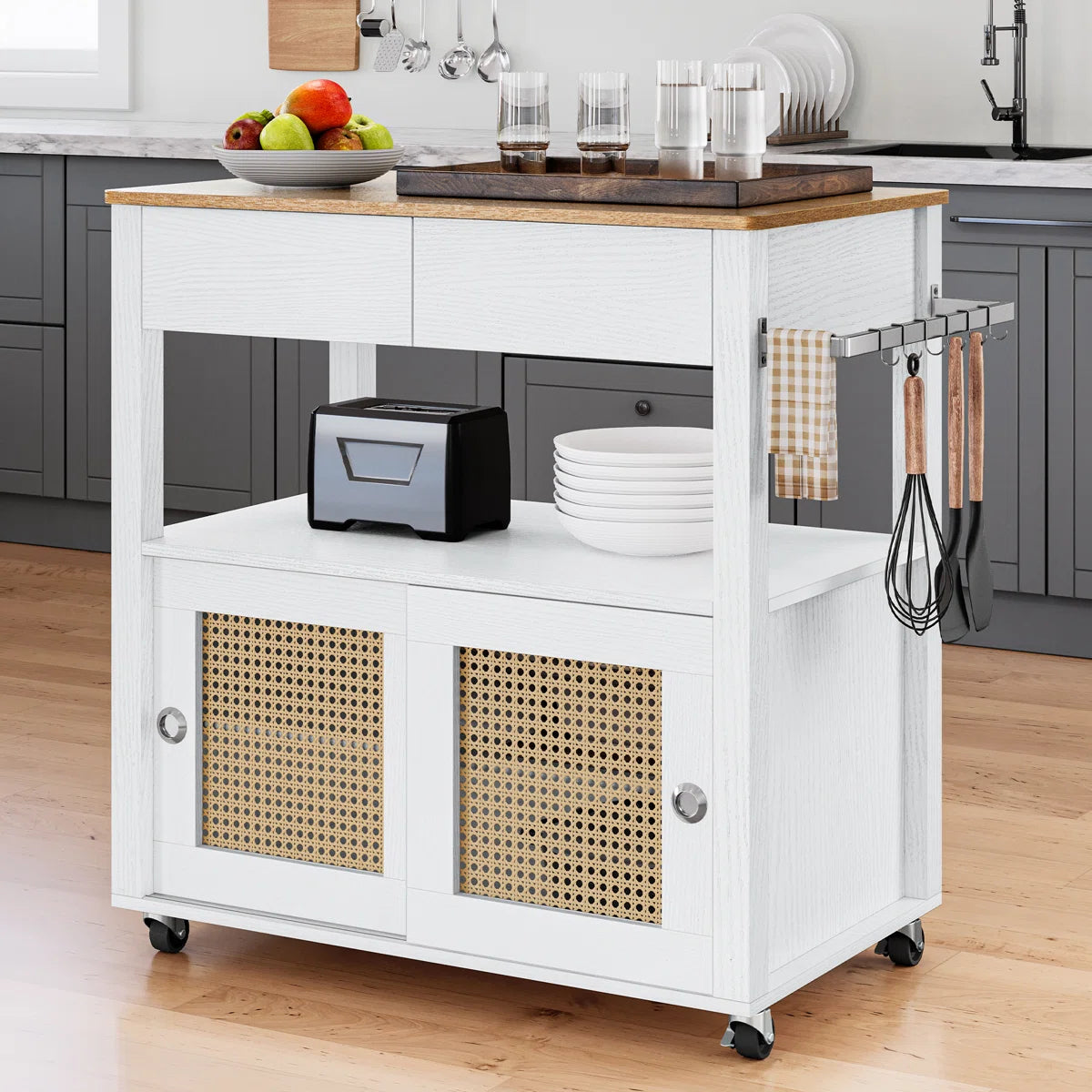 Kitchen Island Table with Smooth Drawer, Double-Door Cabinet & Spice Rack