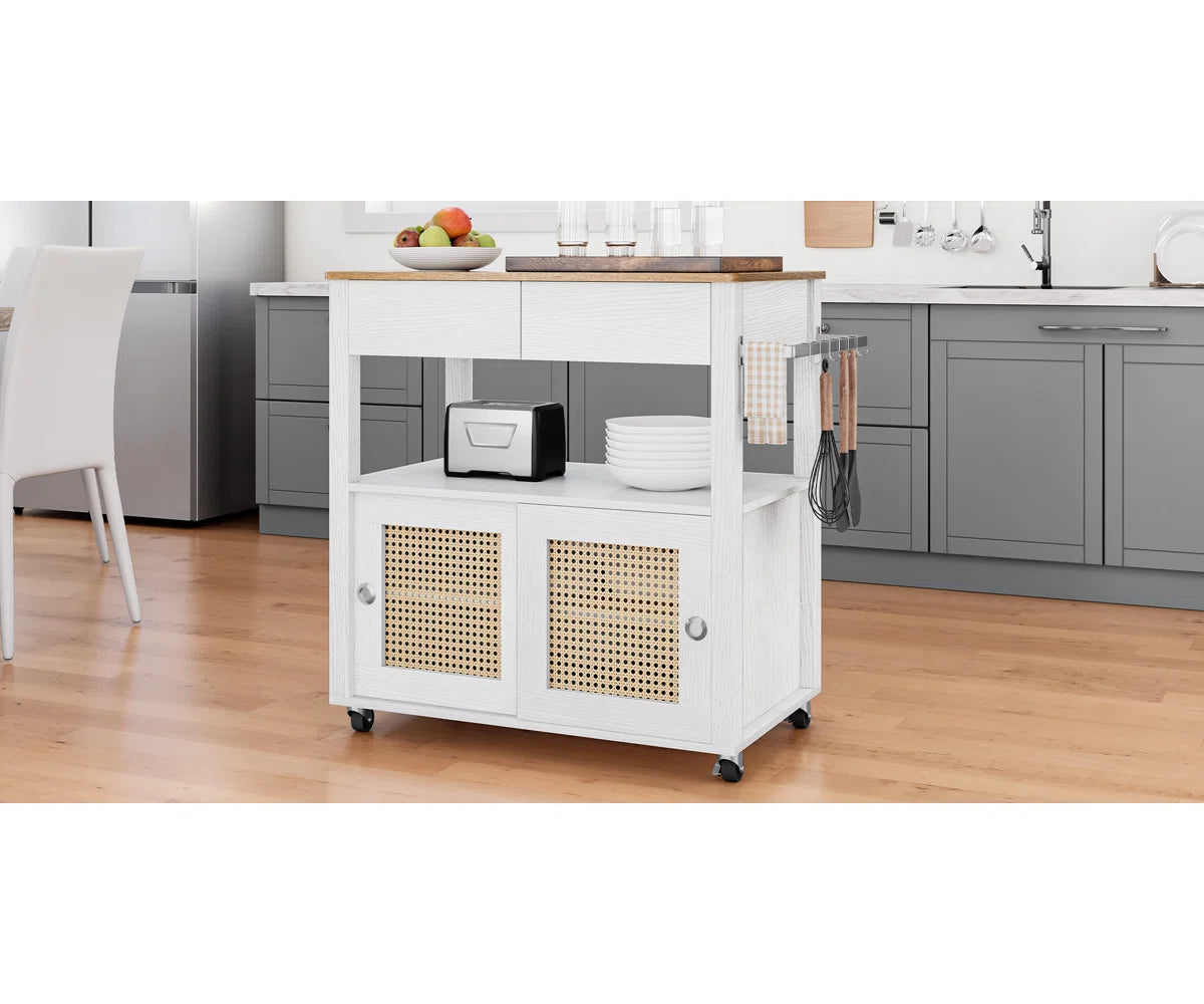 Kitchen Island Table with Smooth Drawer, Double-Door Cabinet & Spice Rack
