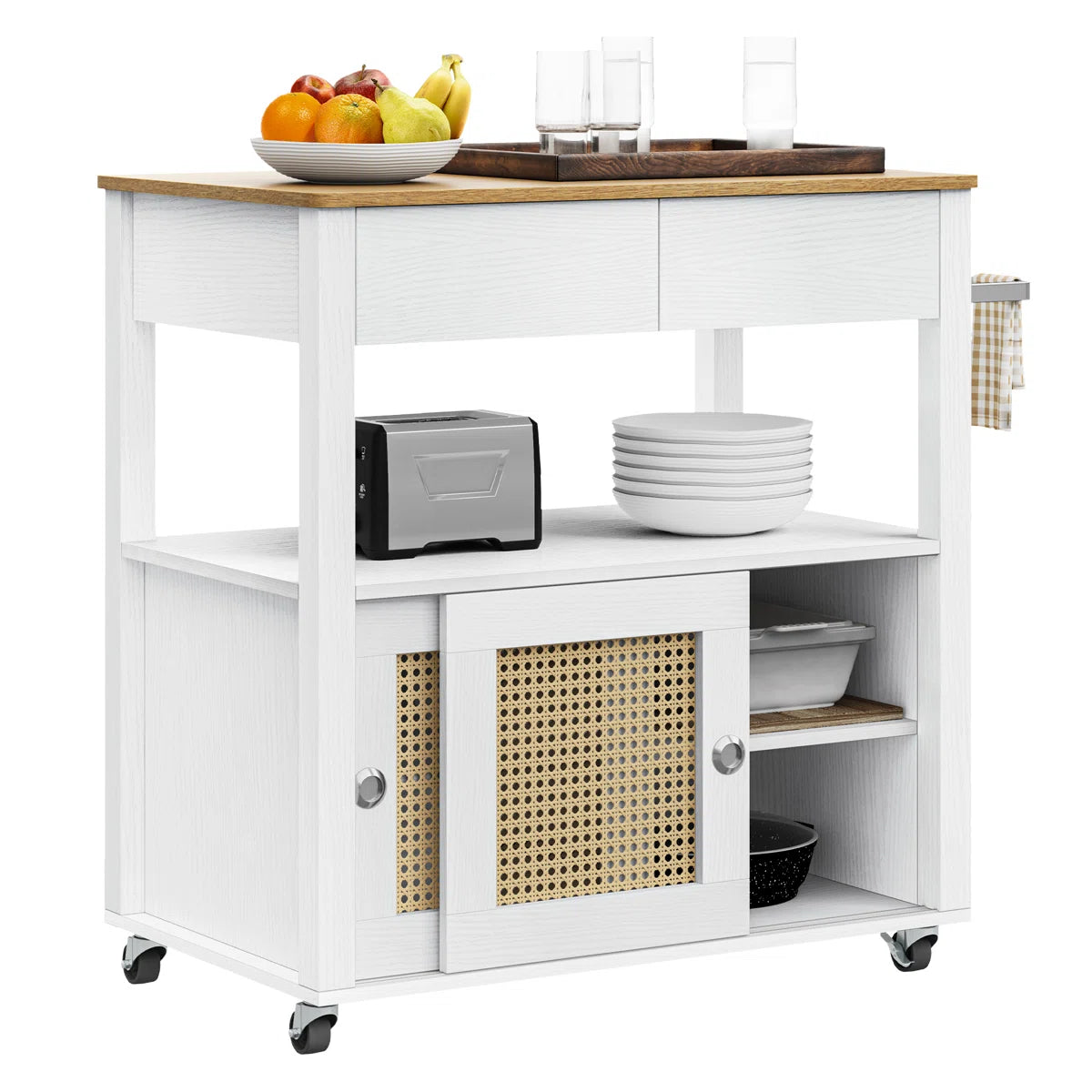 Kitchen Island Table with Smooth Drawer, Double-Door Cabinet & Spice Rack
