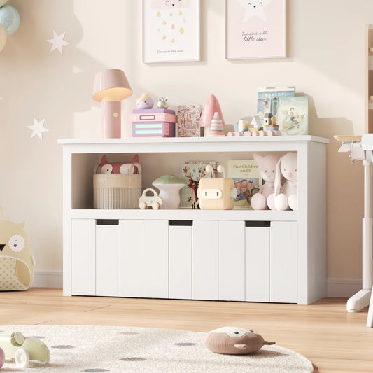 Kids Toy Storage Unit: 3-Bin Bookcase with Open Shelf and Wheels