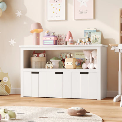Kids Toy Storage Unit: 3-Bin Bookcase with Open Shelf and Wheels
